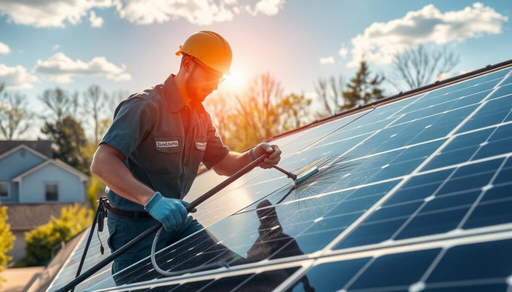 Generate an image of a SunShine Solar Panel Cleaning technician cleaning solar panels on a residential roof in Springfield, MA.