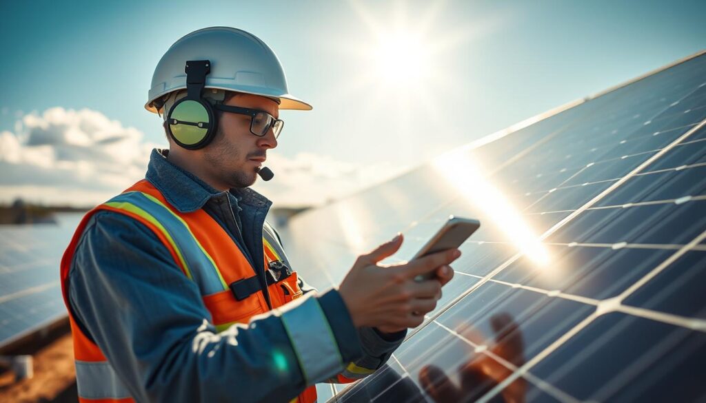 Generate an image of a Sunshine Solar Maintenance technician using a data-driven approach to measure solar panel performance.