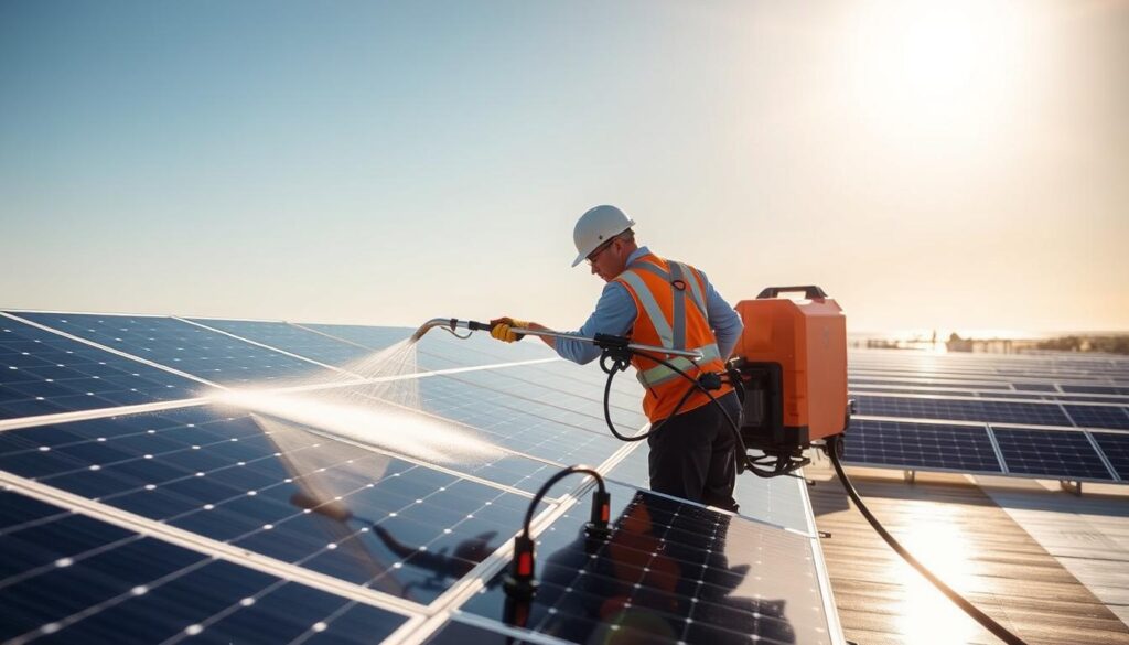 Generate an image of a Triton's Pressure Washing team member cleaning solar panels in Virginia Beach.