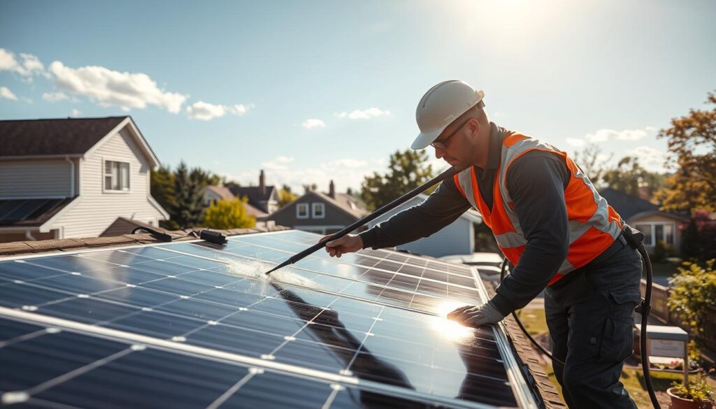 Generate an image of a U.S. Vets Exterior Cleaning technician cleaning solar panels on a residential roof in Syracuse, NY.