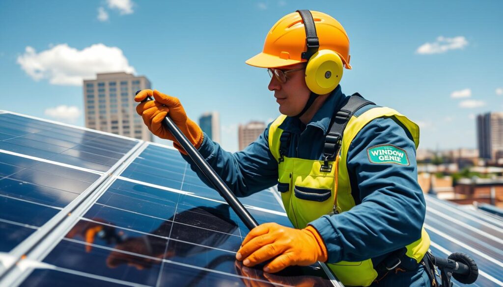Generate an image of a Window Genie technician cleaning solar panels in Memphis