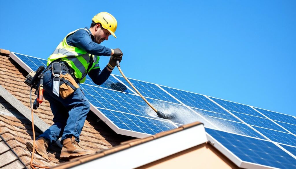 Generate an image of a Window Genie technician cleaning solar panels on a residential roof.