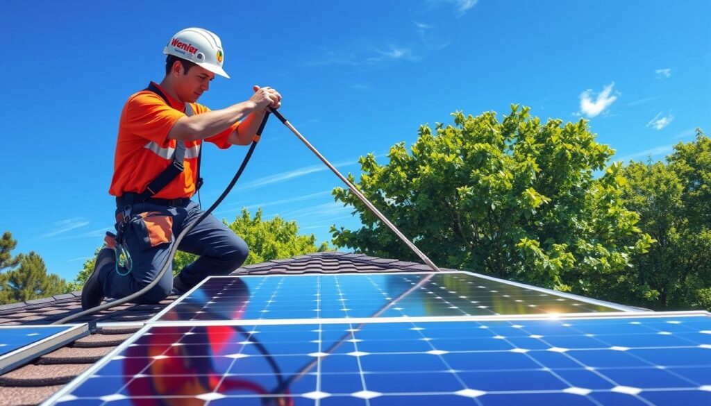 Generate an image of a Window Genie technician cleaning solar panels on a residential roof in Georgia.