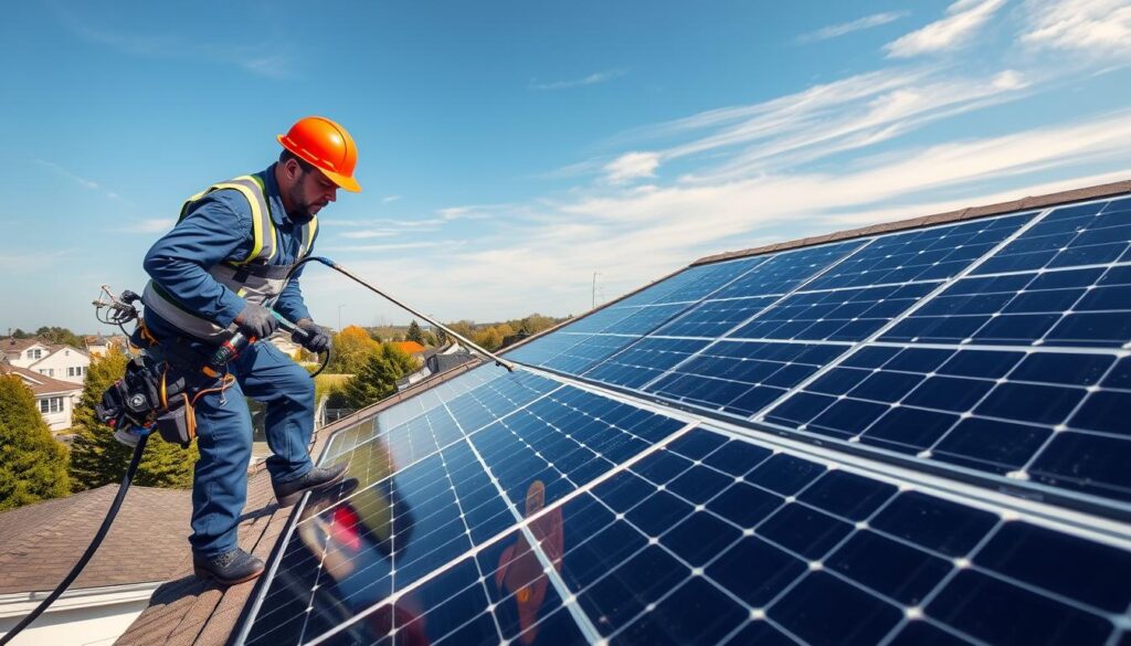 Generate an image of a Window Genie technician cleaning solar panels on a residential roof in Clifton, NJ.