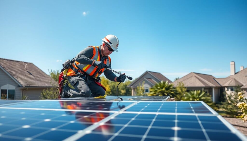 Generate an image of a Window Genie technician cleaning solar panels on a residential roof in Carmel, IN.
