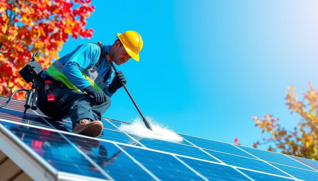 Generate an image of a Window Genie technician cleaning solar panels on a residential roof in Indianapolis.