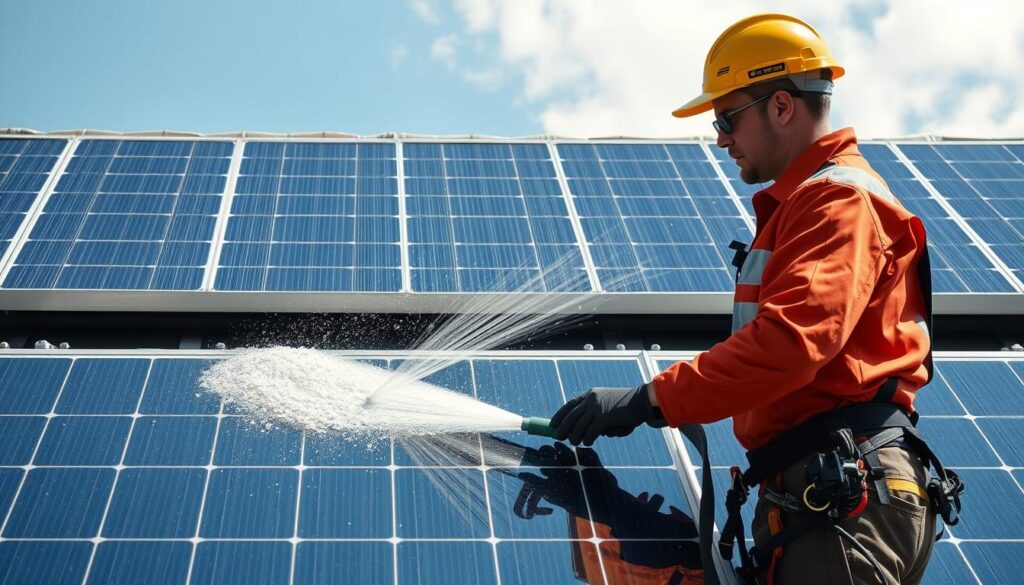 Generate an image of a Window Genie technician cleaning solar panels with a 3-step cleaning process.