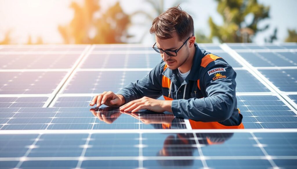 Generate an image of a clean solar panel array with a technician from Premier Solar Cleaning, LLC inspecting the panels.