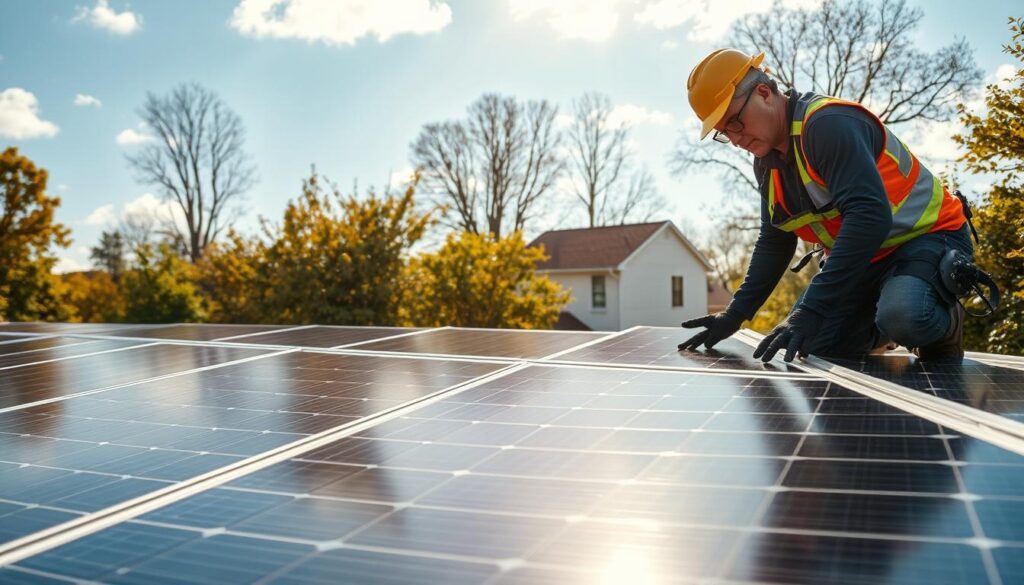 Generate an image of a clean solar panel installation in East Orange, NJ, with a technician from Infinity Energy performing maintenance.