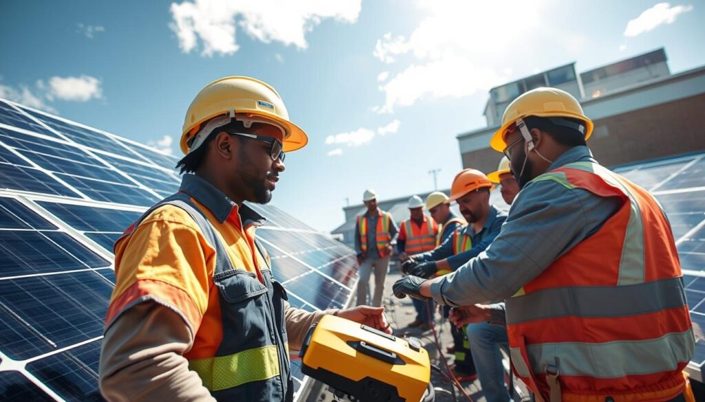 Generate an image of a clean solar panel installation in Newark, NJ, with a team of professionals using specialized equipment.