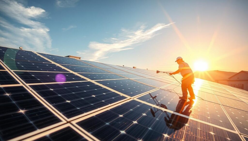 Generate an image of a clean solar panel system in Las Vegas with a team of professionals from Best Shine LLC performing the cleaning.