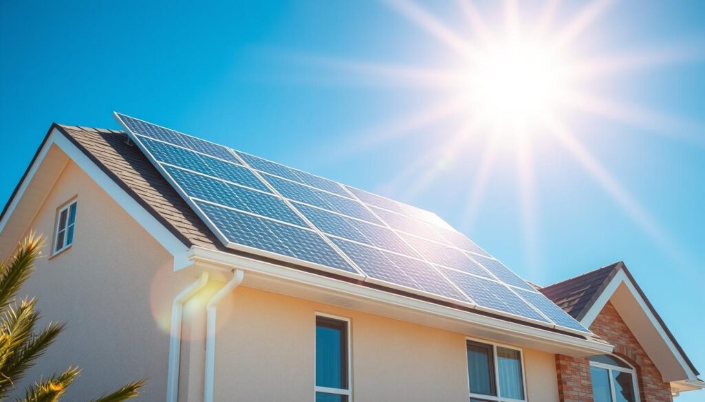 Generate an image of a clean solar panel system on a residential roof in Biloxi, MS.