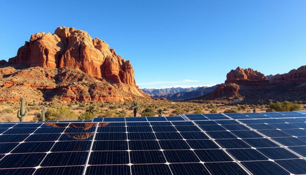 Generate an image of a clean solar panel with a sparkling reflection of the Boulder City landscape.
