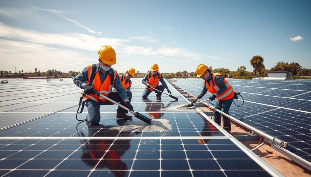 Generate an image of a family-owned business team cleaning solar panels with specialized equipment.