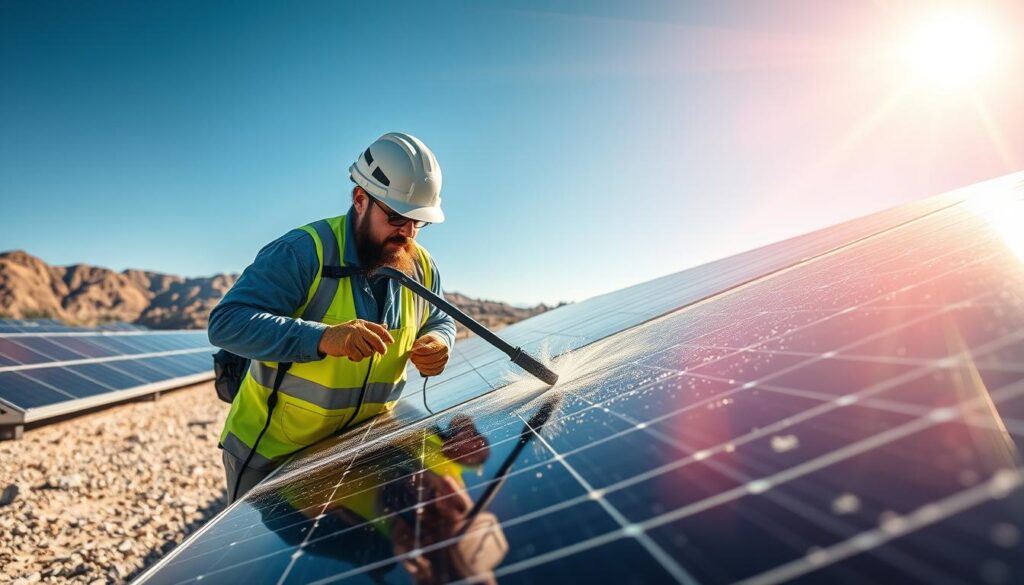 Generate an image of a local solar specialist cleaning solar panels in Boulder City, NV.