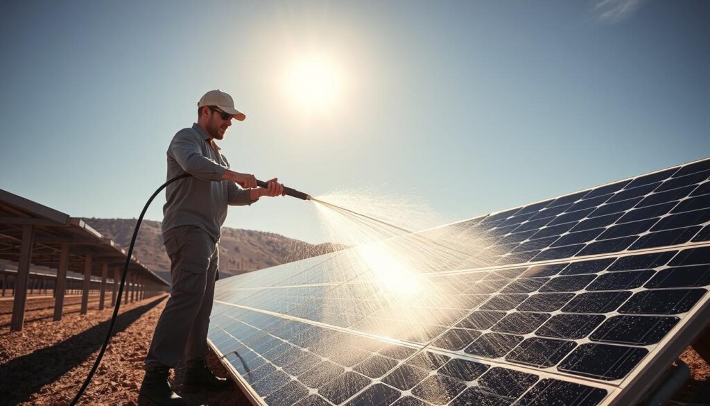 Generate an image of a person cleaning solar panels with a pressure washer in Pahrump, Nevada.