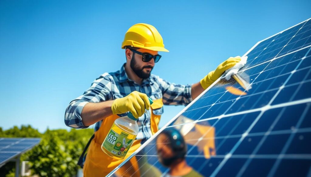 Generate an image of a person cleaning solar panels with eco-friendly cleaning solutions.