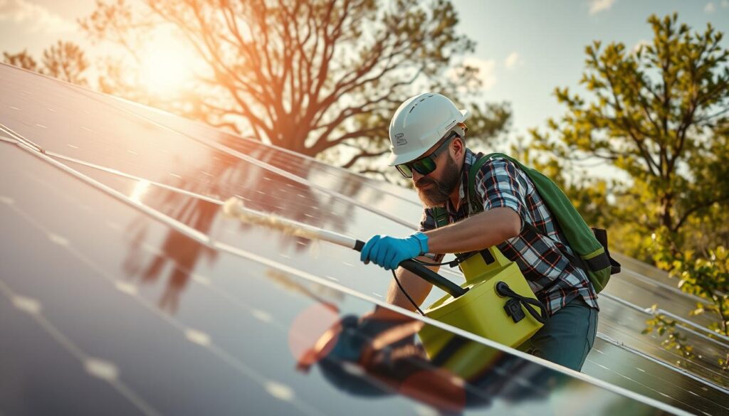 Generate an image of a person cleaning solar panels with eco-friendly equipment in Austin, TX.
