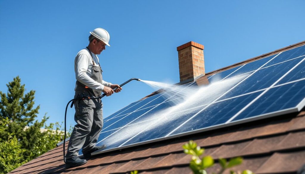Generate an image of a professional cleaner using demineralized water to clean solar panels on a residential roof in Concord, NC.
