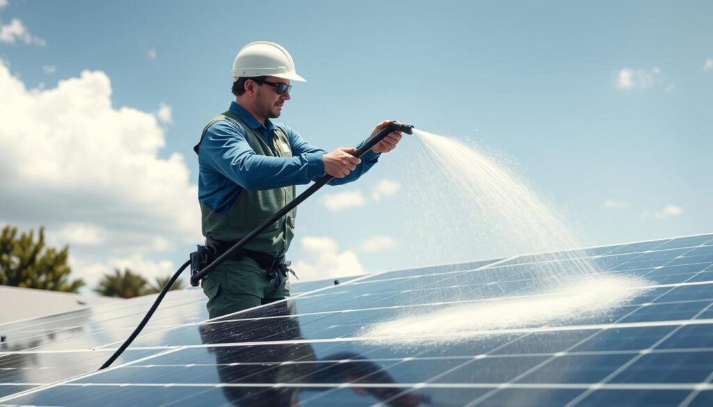 Generate an image of a professional cleaning solar panels with a state-of-the-art system.