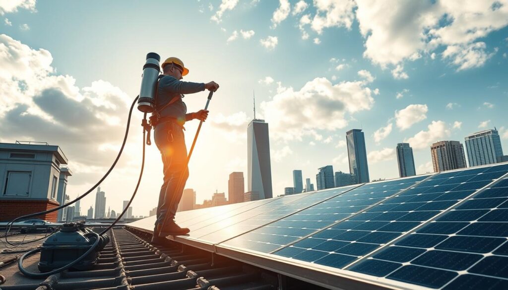 Generate an image of a professional solar panel cleaning service in Chicago.