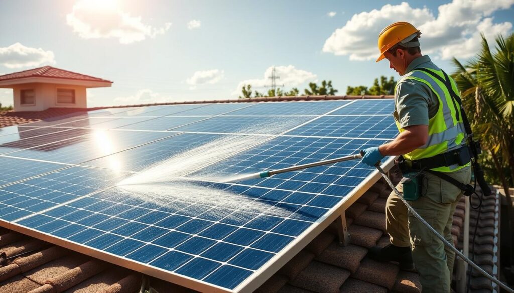 Generate an image of a professional solar panel cleaning service in Houston, TX, with a team using pure, demineralized water to clean solar panels on a residential roof.