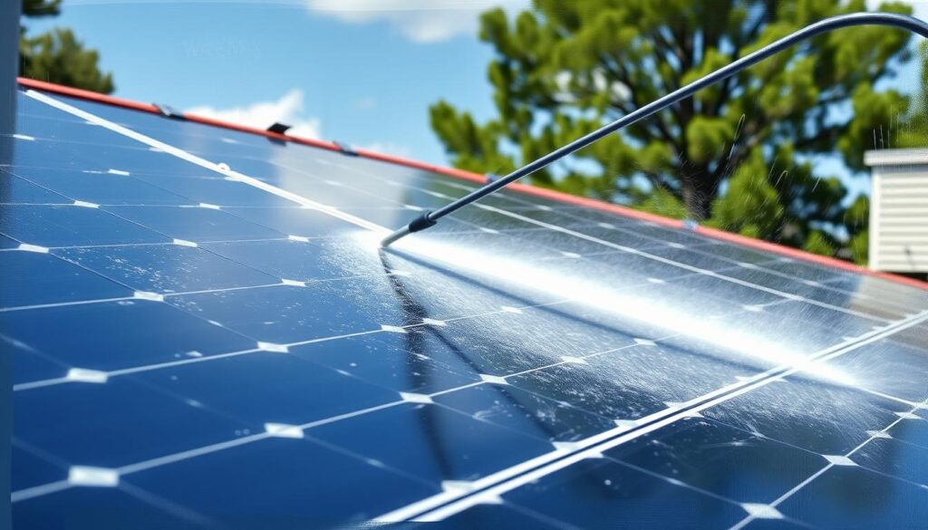 Generate an image of a professional solar panel cleaning service in Wilmington, NC, using a soft washing technique.