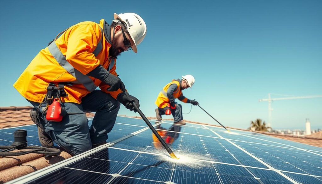 Generate an image of a professional solar panel cleaning team in Houston, TX.