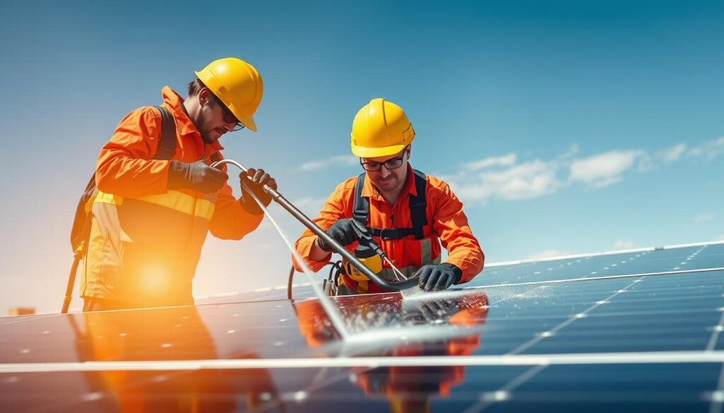 Generate an image of a professional solar panel cleaning team using specialized equipment to gently clean photovoltaic cells.