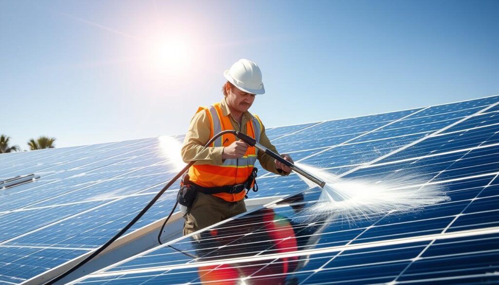 Generate an image of a professional solar panel cleaning technician at work in Glendale, AZ.
