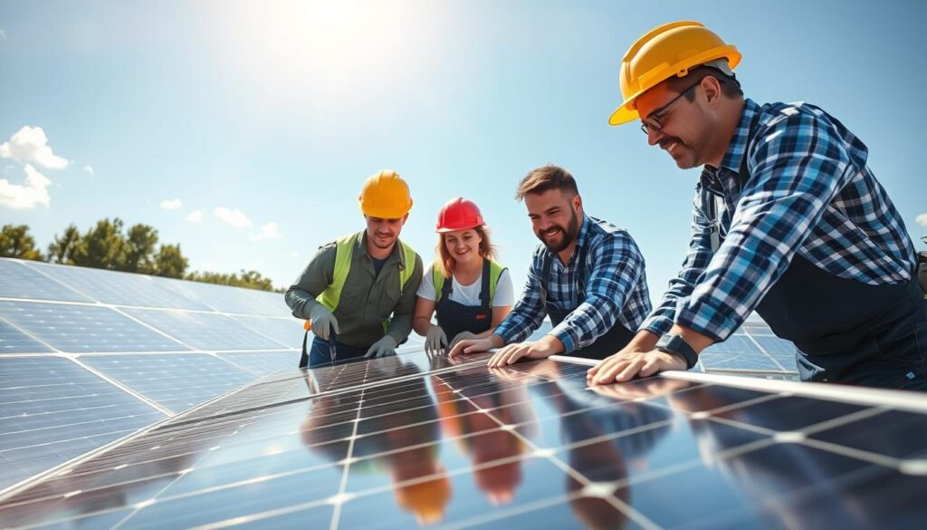 Generate an image of a professional team maintaining solar panels with a focus on customer satisfaction.