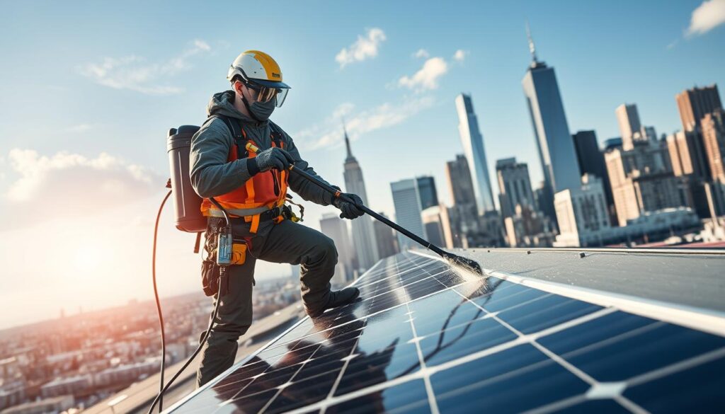 Generate an image of a professional window cleaner using high-tech tools to clean solar panels on a New York City rooftop.