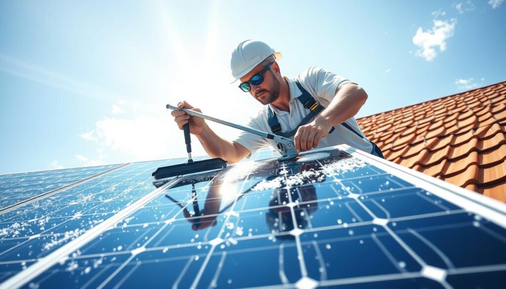 Generate an image of a solar panel being cleaned by a professional