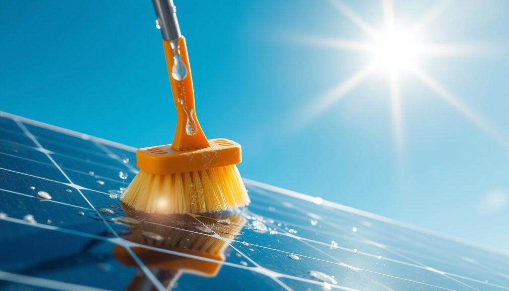 Generate an image of a solar panel being cleaned with purified water and a solar-safe brush.