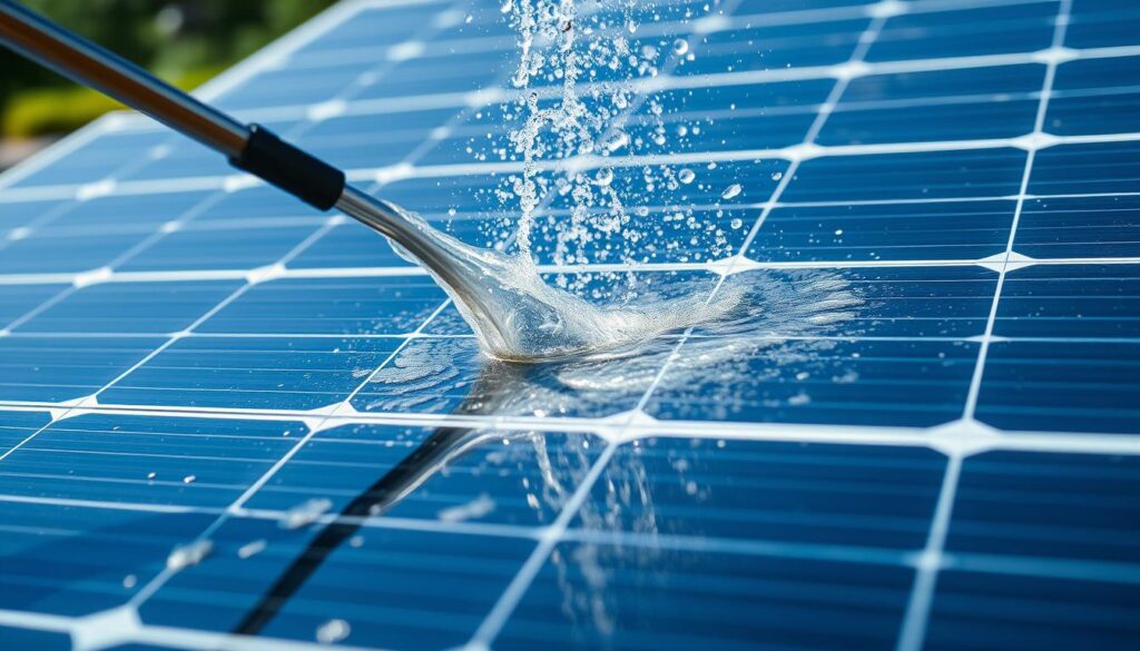 Generate an image of a solar panel being cleaned with soft washing technology.
