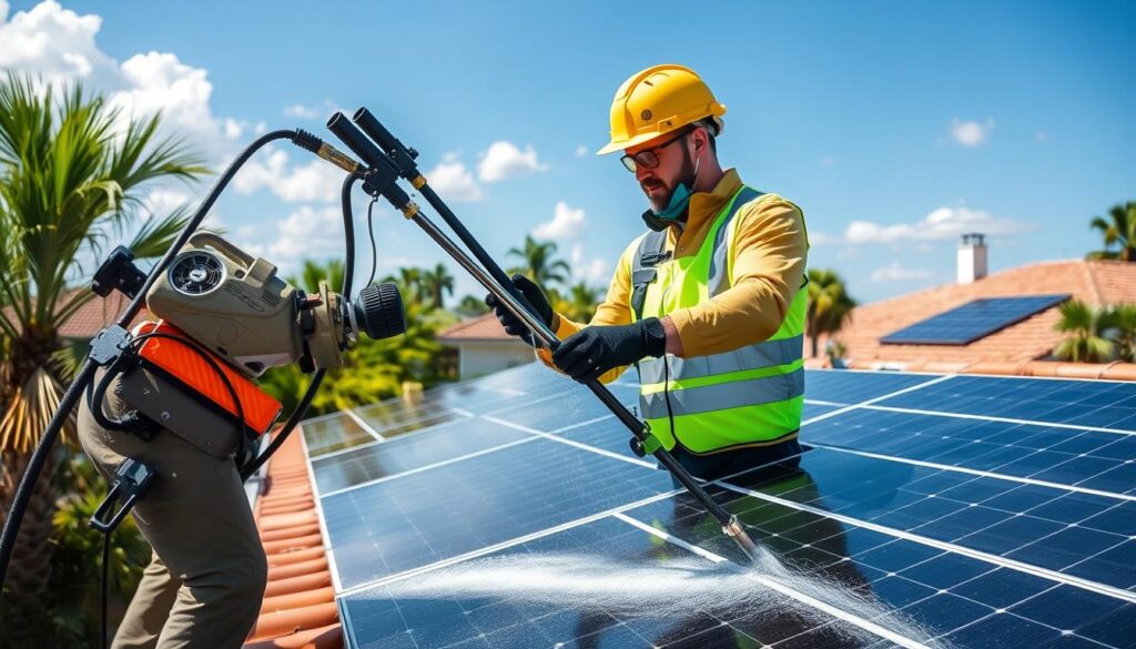 Generate an image of a solar panel cleaning professional in Tampa, FL, using specialized equipment to clean solar panels on a residential roof.