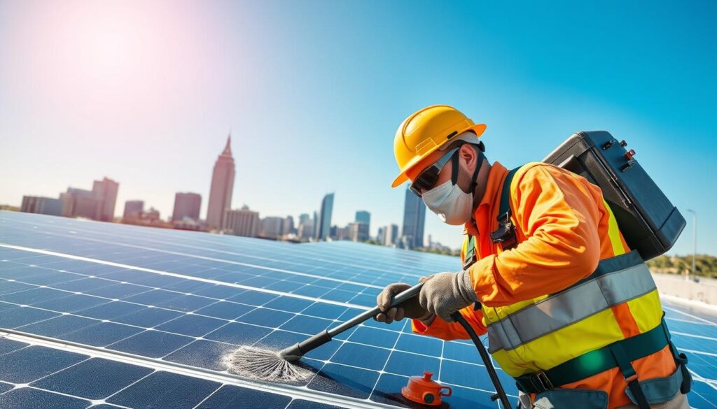 Generate an image of a solar panel cleaning service technician at work in Little Rock, AR.
