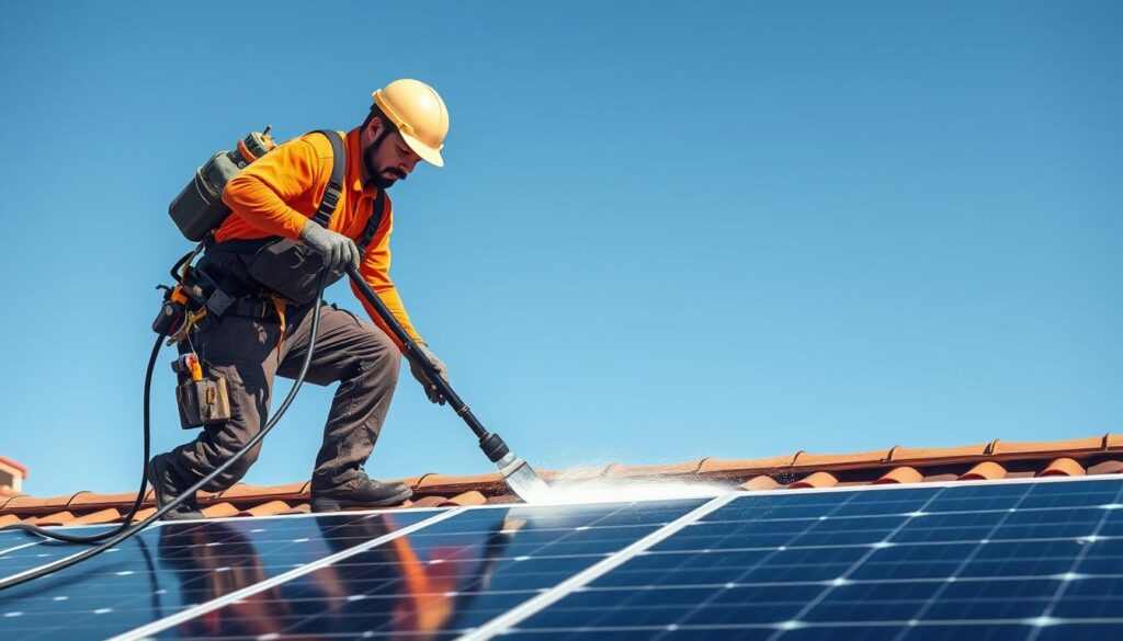 Generate an image of a solar panel cleaning service technician at work in Mesa, AZ