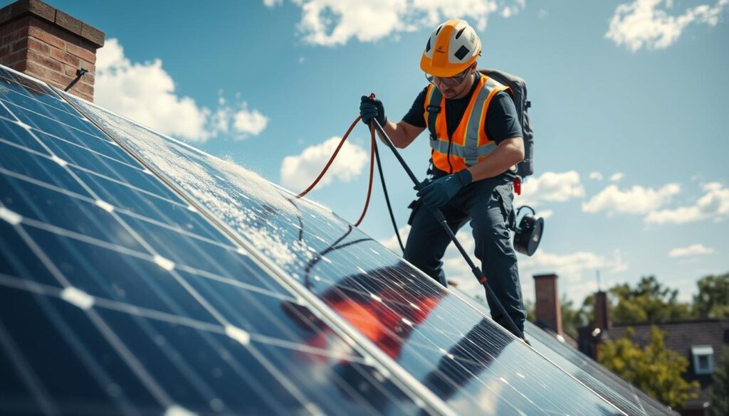 Generate an image of a solar panel cleaning service technician at work in Springfield, MA.
