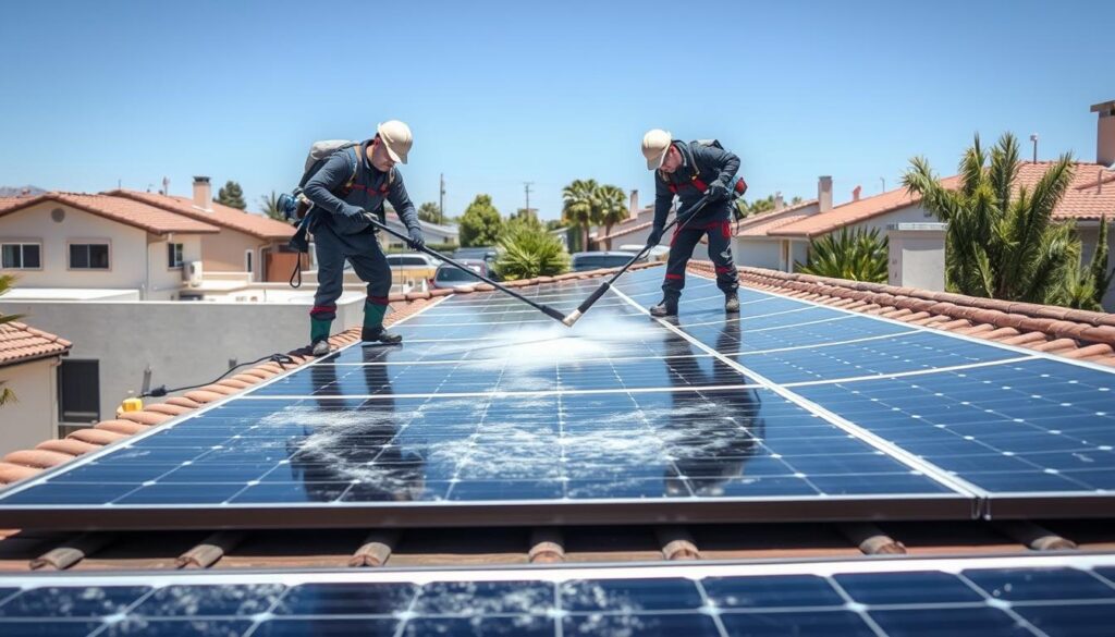 Generate an image of a solar panel cleaning team at work on a residential roof in Fresno.