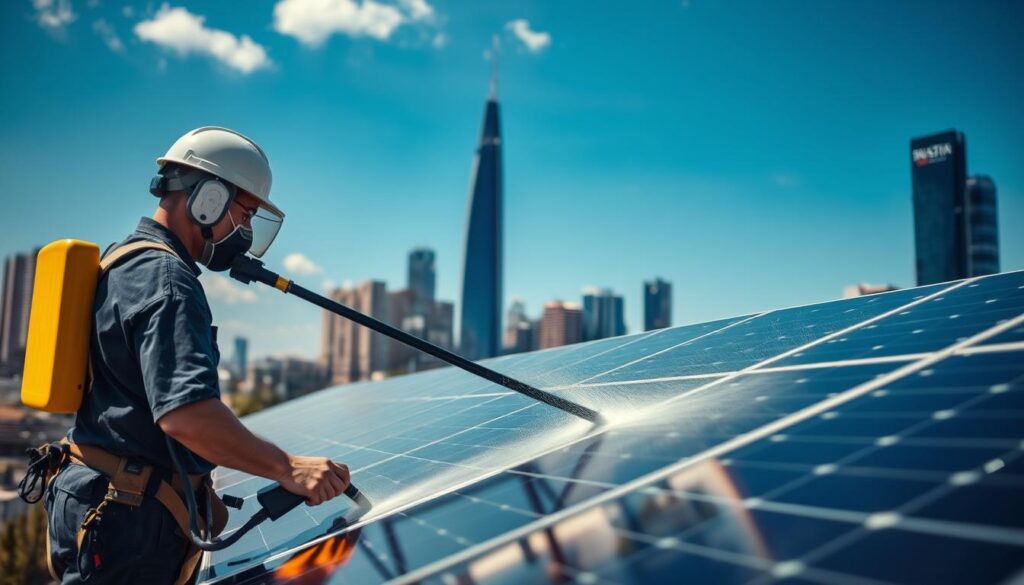Generate an image of a solar panel cleaning team in Houston, TX, using professional equipment to clean residential solar panels.