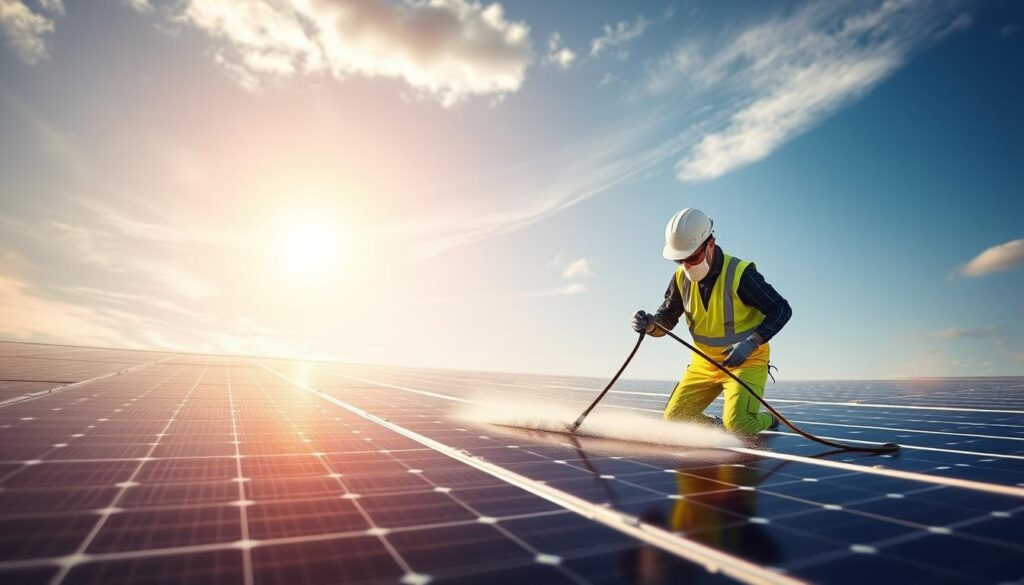 Generate an image of a solar panel cleaning team in action, with state-of-the-art equipment and a clean, modern solar array in the background.