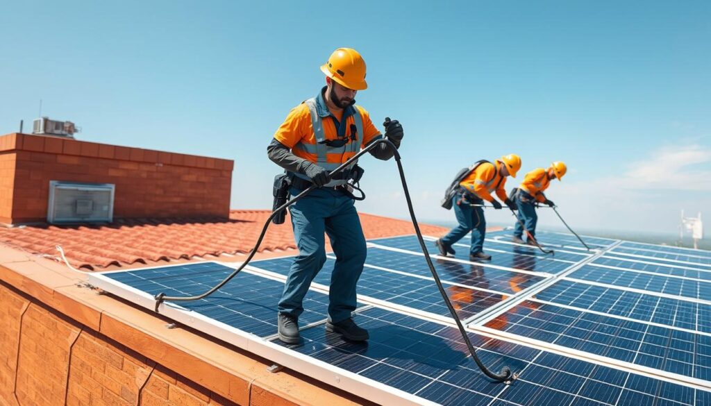 Generate an image of a solar panel cleaning team in uniform, with equipment, on a commercial roof in Biloxi, MS.