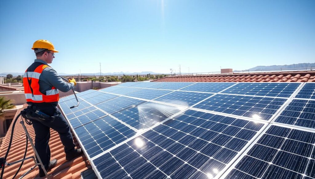 Generate an image of a solar panel cleaning team in uniform, working on a rooftop solar panel system in Mesa, AZ.