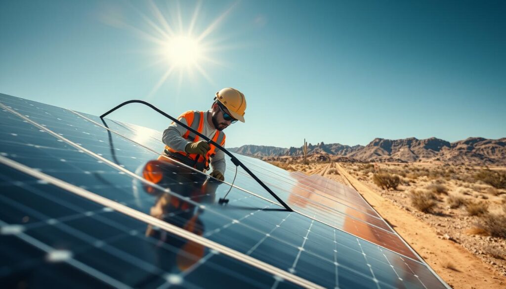 Generate an image of a solar panel cleaning technician at work in Arizona.