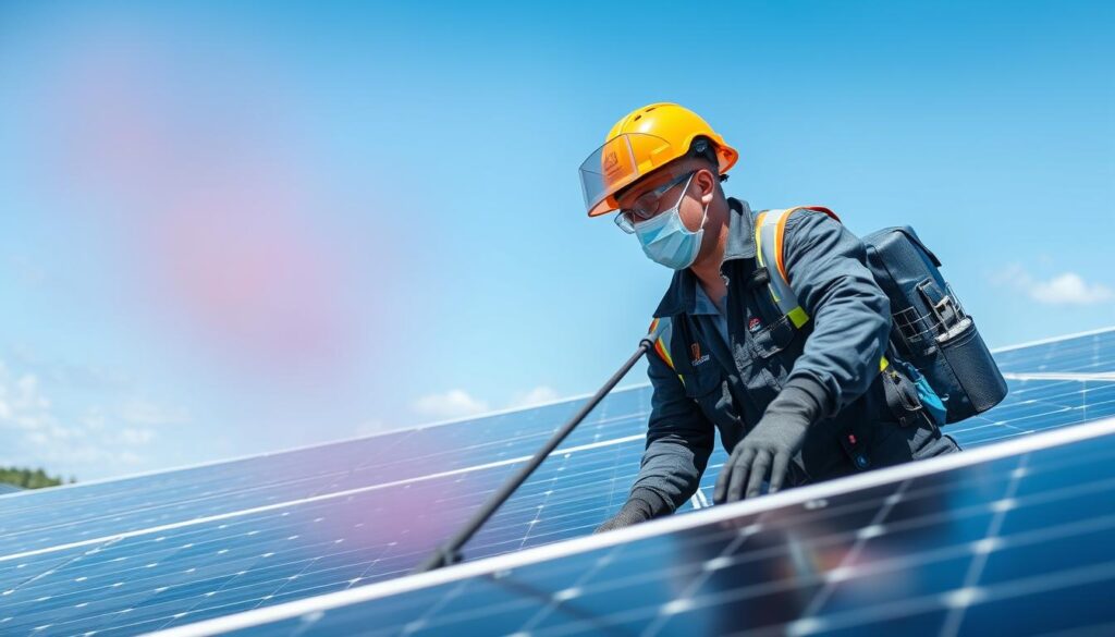 Generate an image of a solar panel cleaning technician at work in Biloxi, MS.
