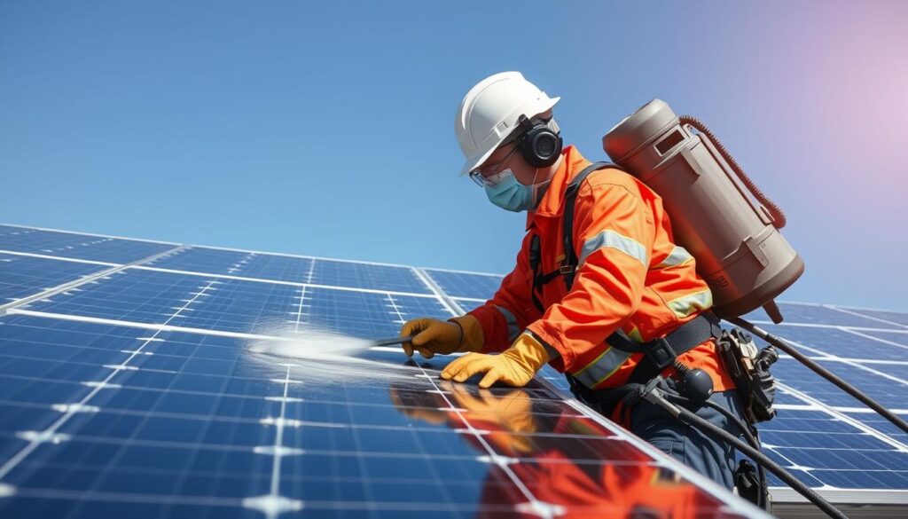 Generate an image of a solar panel cleaning technician at work in Corpus Christi, TX.