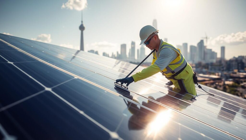 Generate an image of a solar panel cleaning technician at work in Houston, TX.