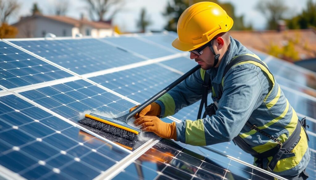 Generate an image of a solar panel cleaning technician at work in Lynn, MA