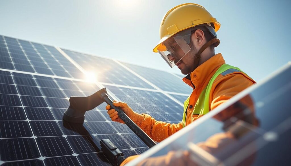Generate an image of a solar panel cleaning technician at work in Mesa, AZ.